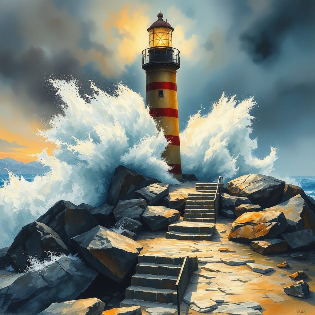 Storm-Swept Lighthouse in Watercolor Style