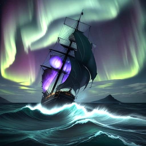 Majestic Ship Under Northern Lights Over Detailed Ocean