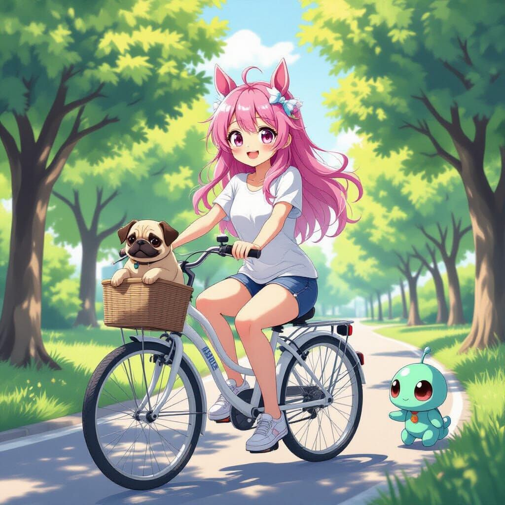 Anime Girl with Horse Ears Rides Bike in Park