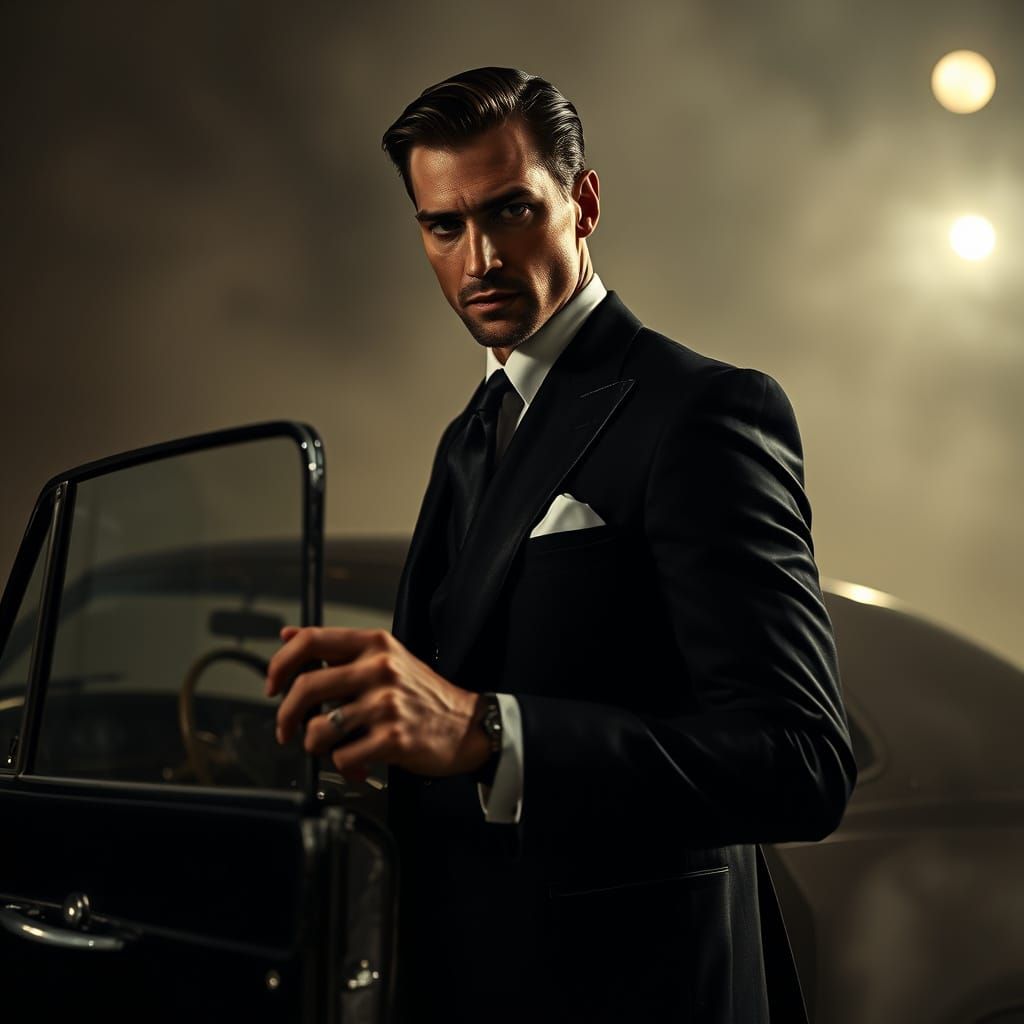 Dashing Gentleman in Moonlit Evening, Vintage Car