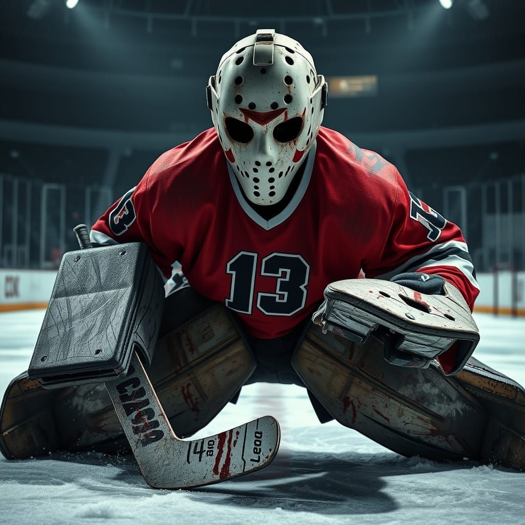 Intimidating Hockey Goaltender in Dark, Gothic Aesthetic