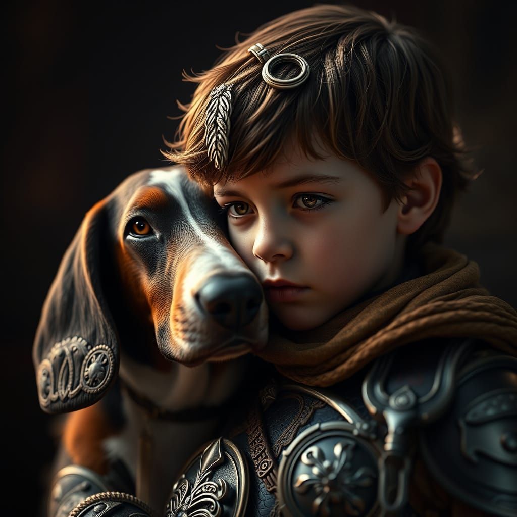 Baby Warrior and Bassett Hound Protector in Dramatic Light