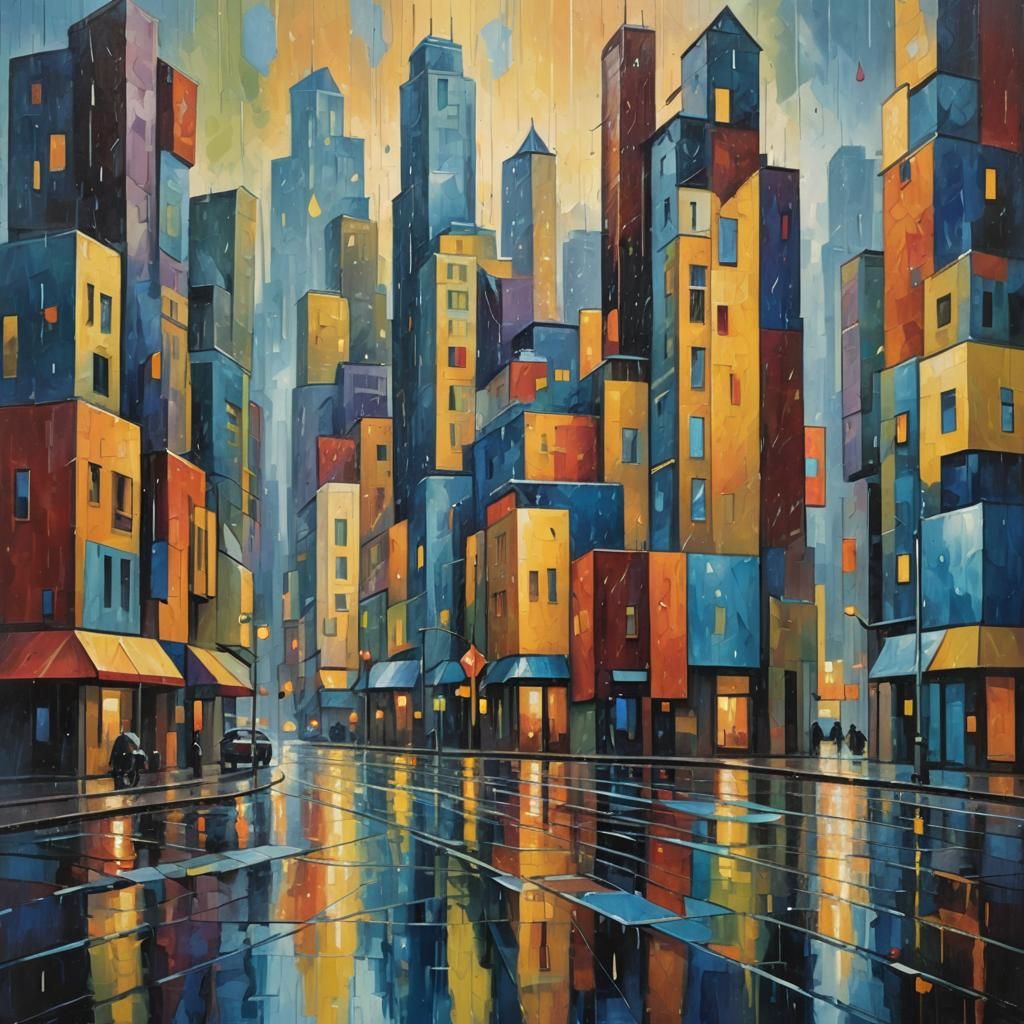 Rainy Cityscape in Geometric Cubist Style