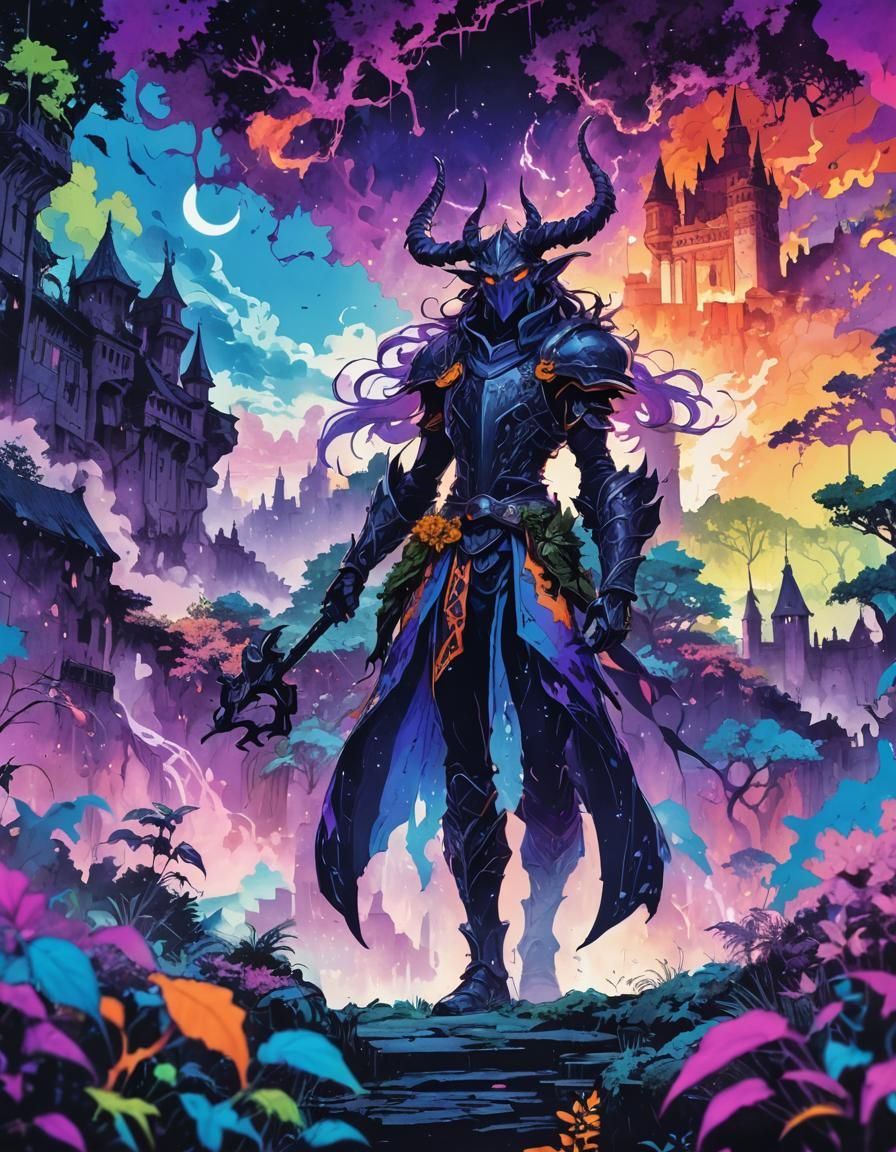 Vibrant Demon Hero Conquers Futuristic Medieval Metropolis