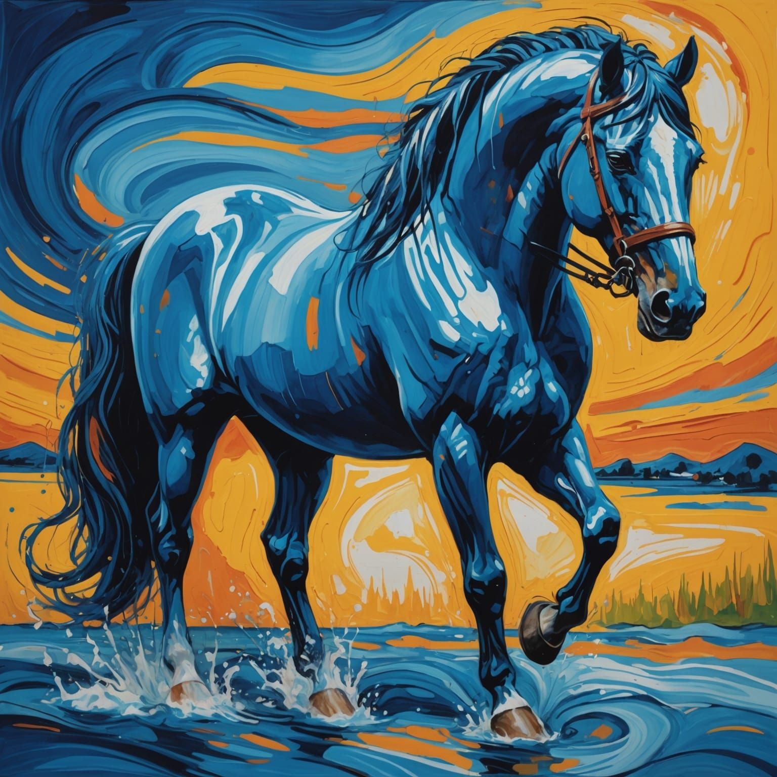 Blue Horse in Expressionist Style