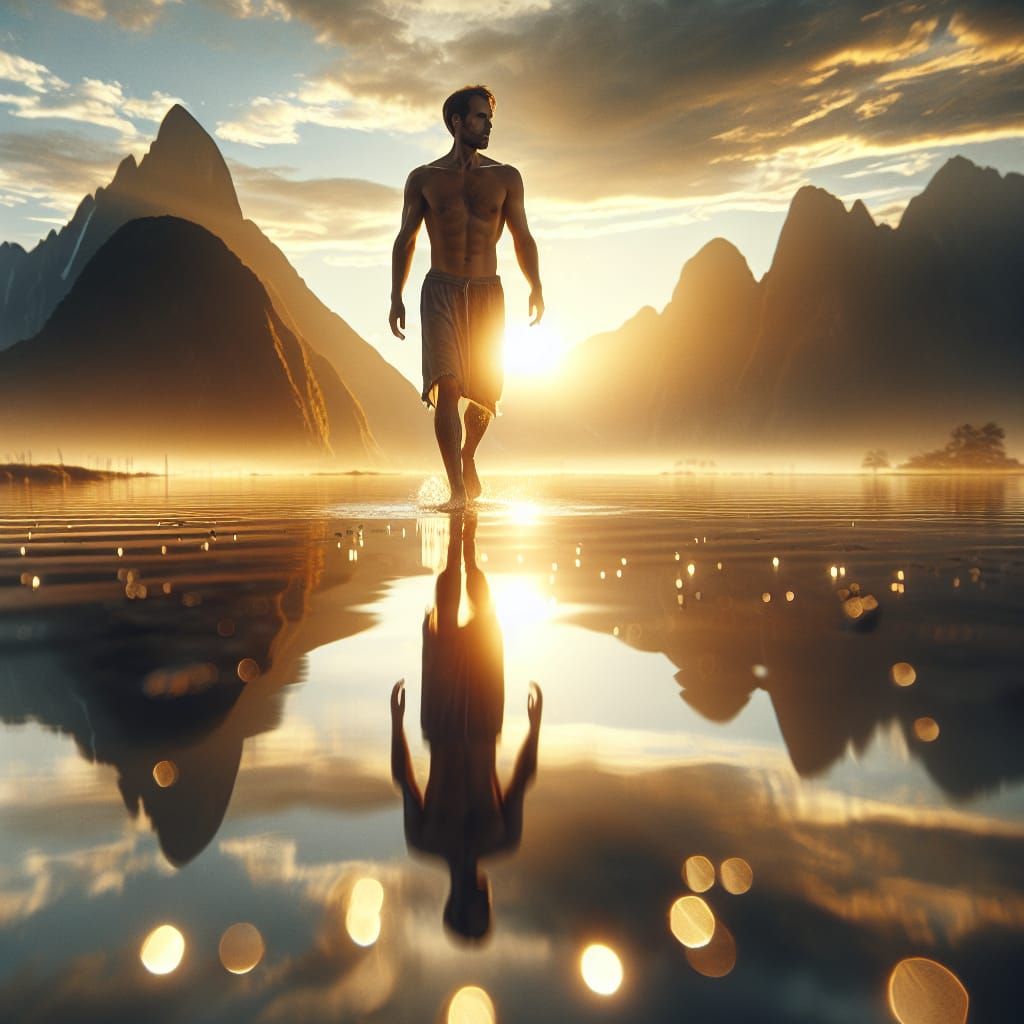 Barefoot Man Walks on Water with Mountain Backdrop