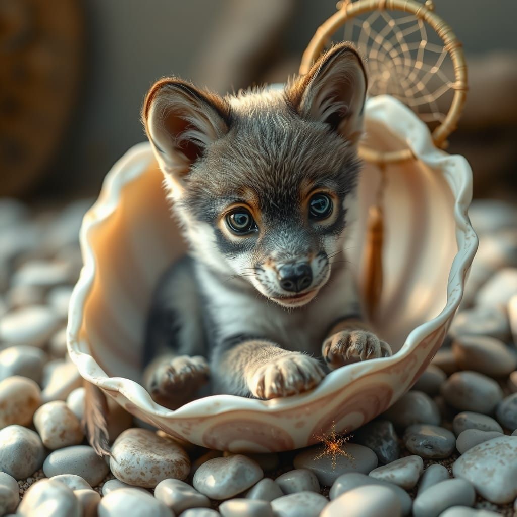 Wolf Cub in Shell with Dreamcatcher, Fantasy Art