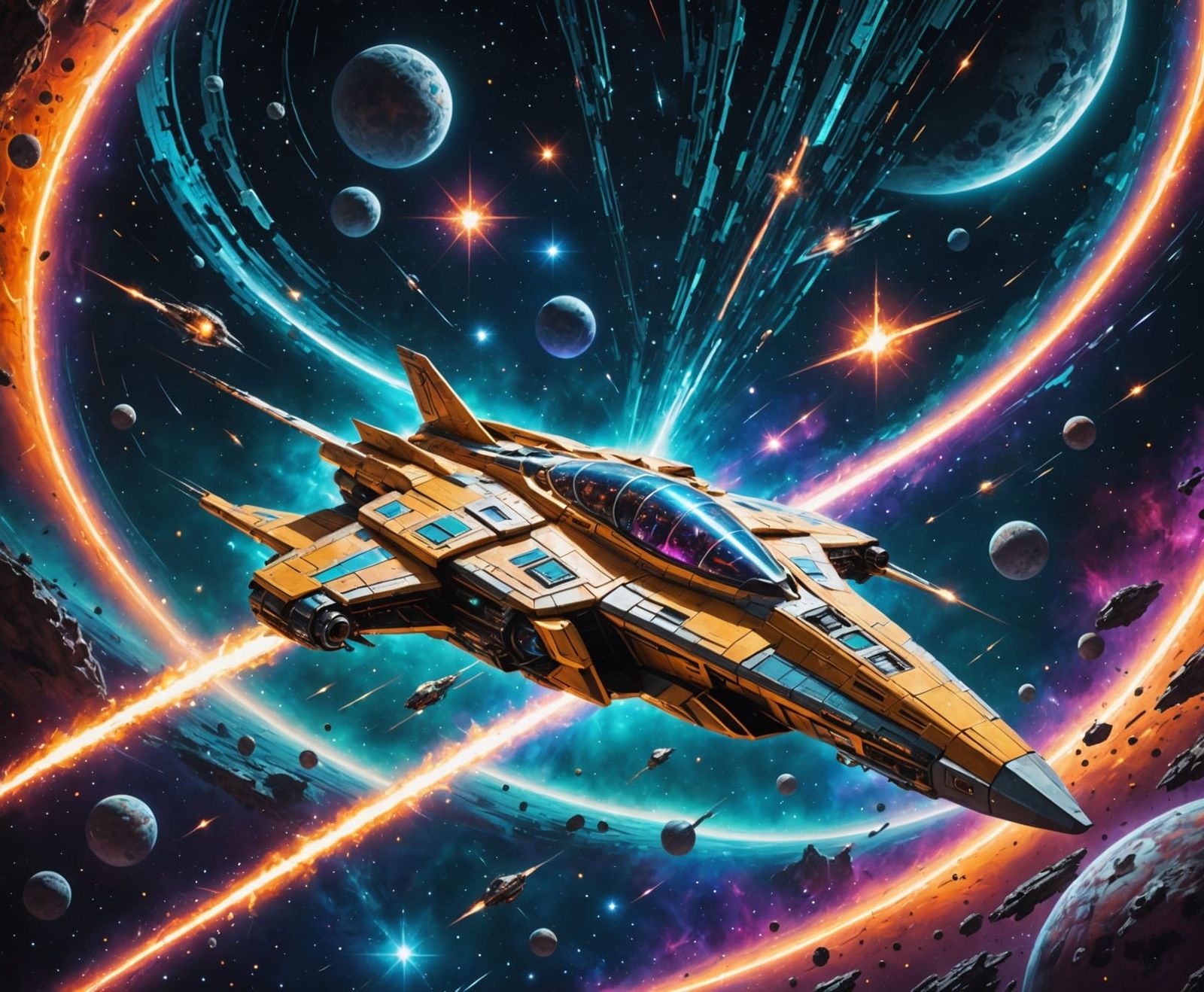 Galactic Vessel Speeds Through Cosmic Expanse in Vibrant Ast...