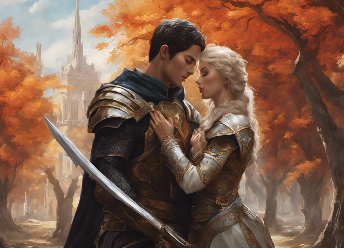 two people in medieval armor hugging embracing holding someo...