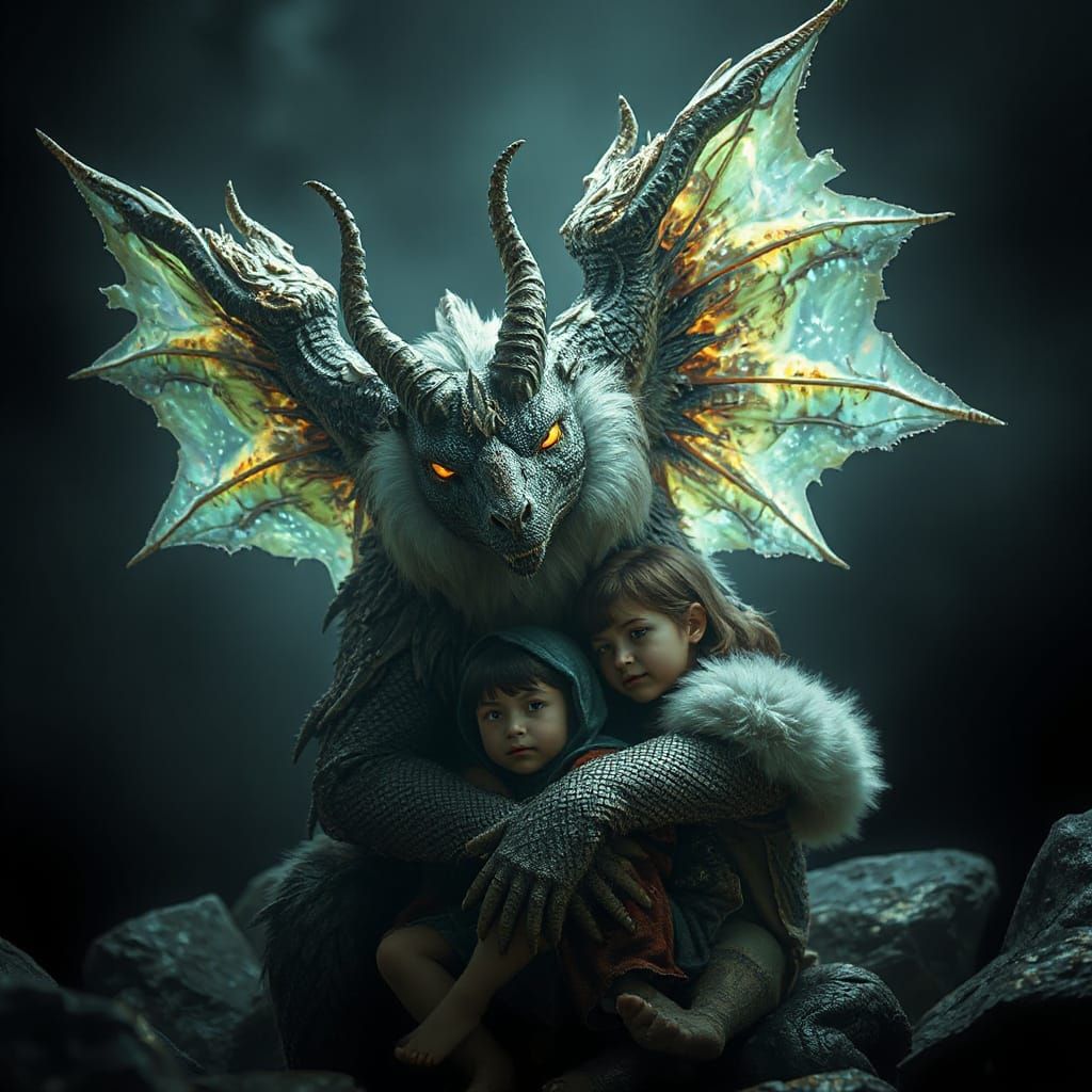 Horned Sky Beast Cradling Children in Dark Fantasy Style