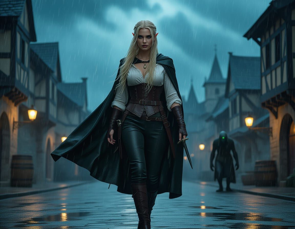 Elf Woman in Rainy City, Cinematic Style