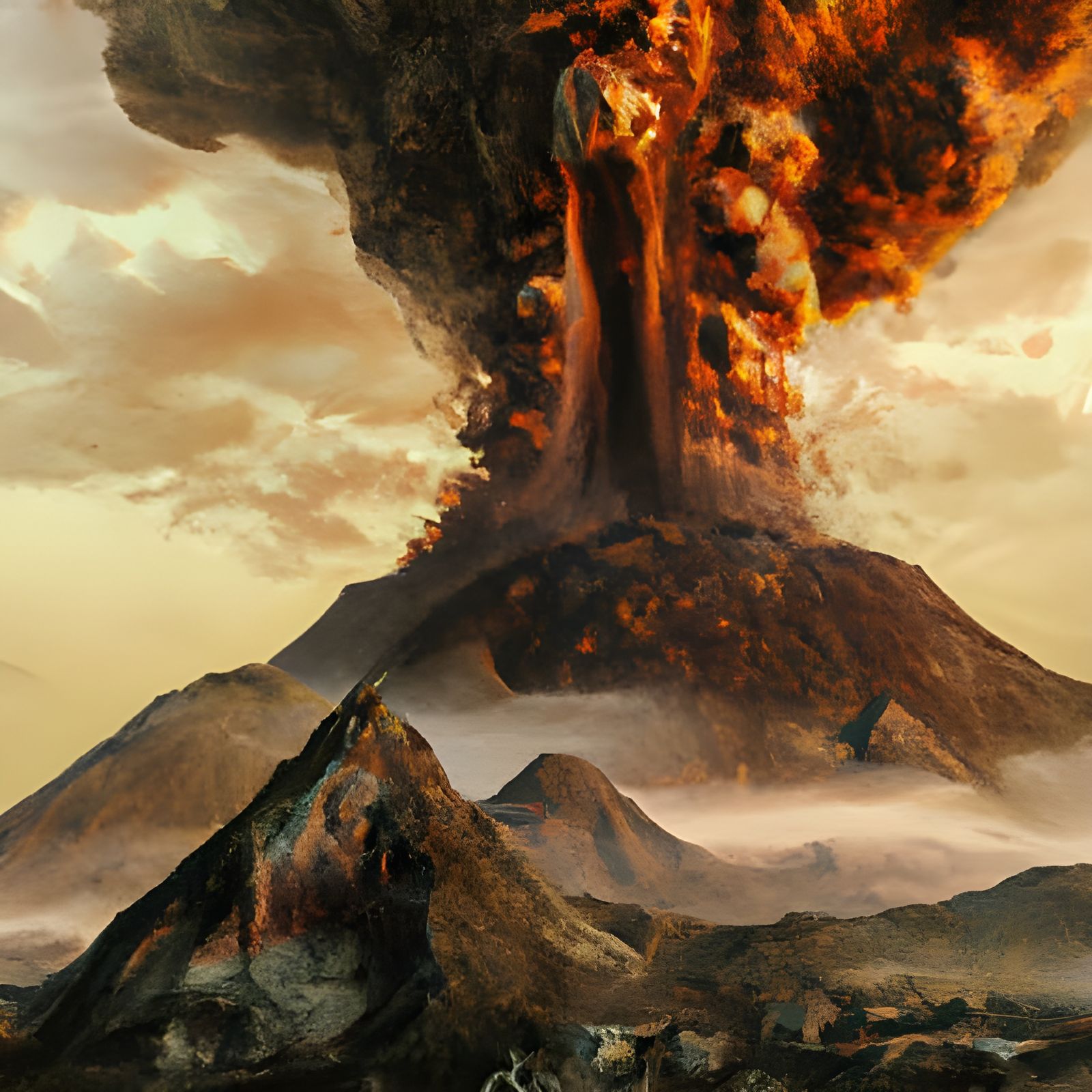 Epic Volcano Eruption in Steampunk Dark Academia Style