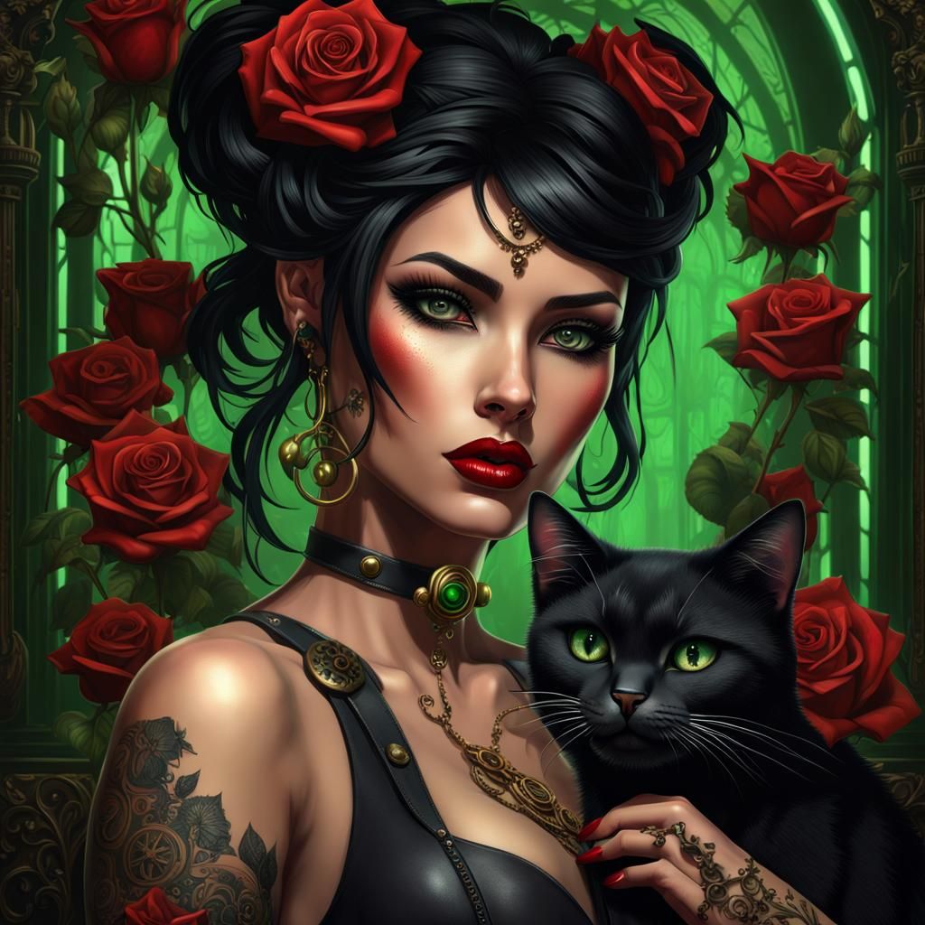 Steampunk Girl with Cat in Dark Fantasy Style