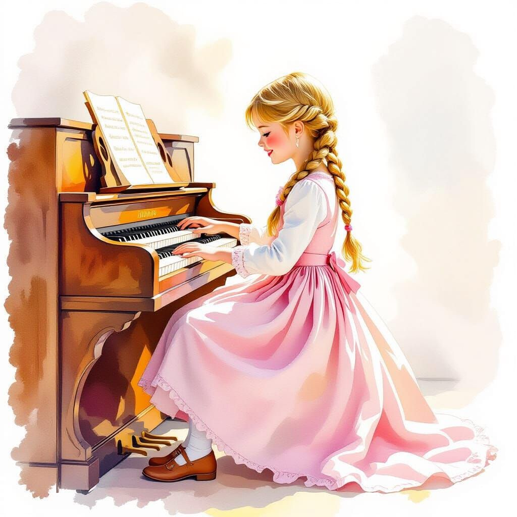 Girl Playing Organ in Ethereal White Room, Watercolor Style