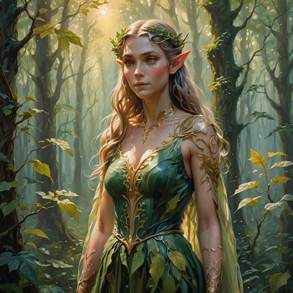 Ethereal Elf in Enchanting Forest, Fantasy Illustration