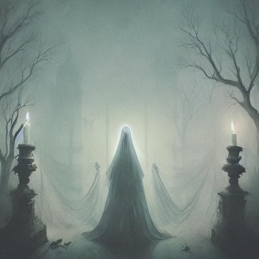 Eerie Woman in White Veil, Surrounded by Candles