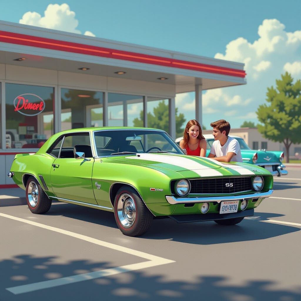 1970s Diner Scene with Classic Camaro