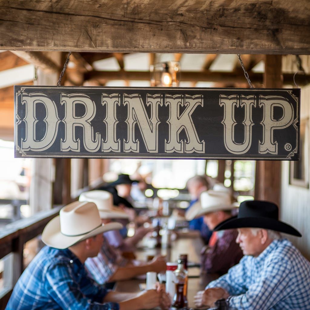 Western Bar Sign with Cowboy Patrons