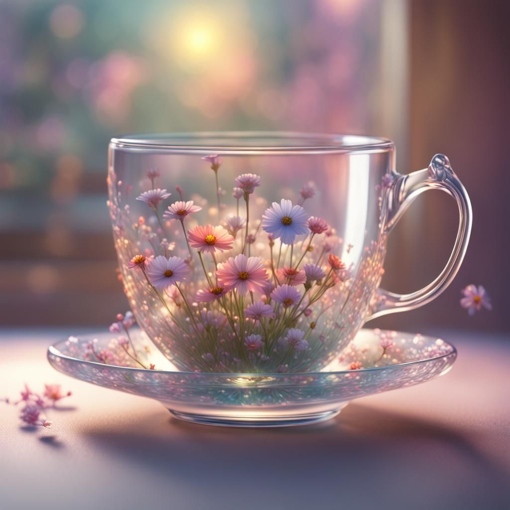 Delicate Teacup with Colorful Flowers, Detailed Matte Painti...