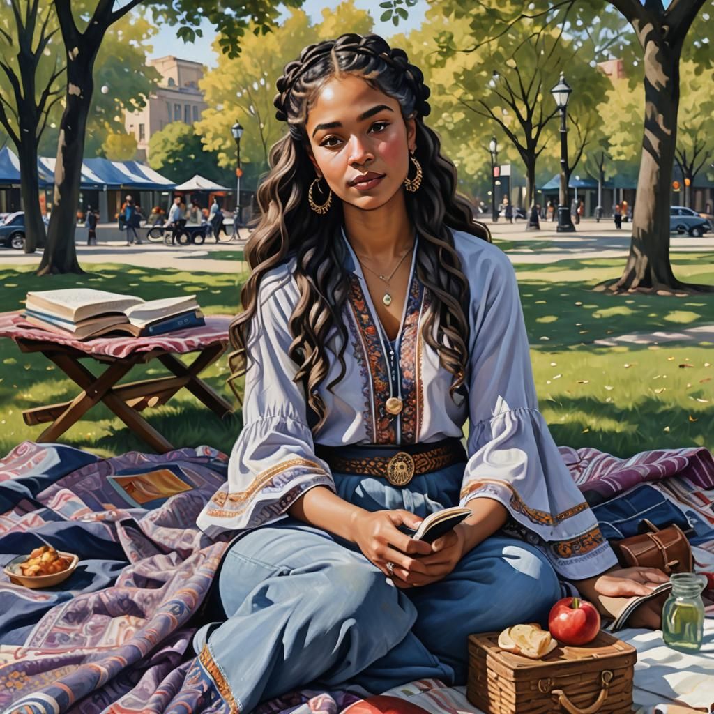Woman Reading in Park as Oil Painting