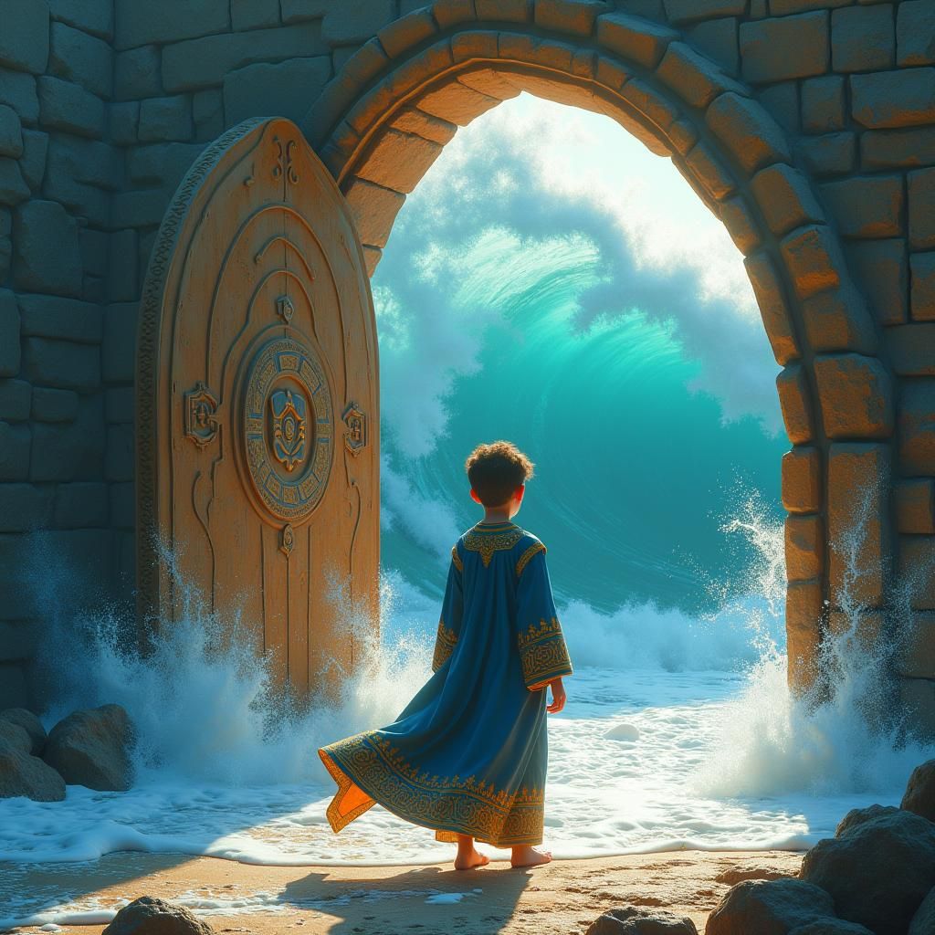 Heroic Boy and Crashing Wave, Art Nouveau Style