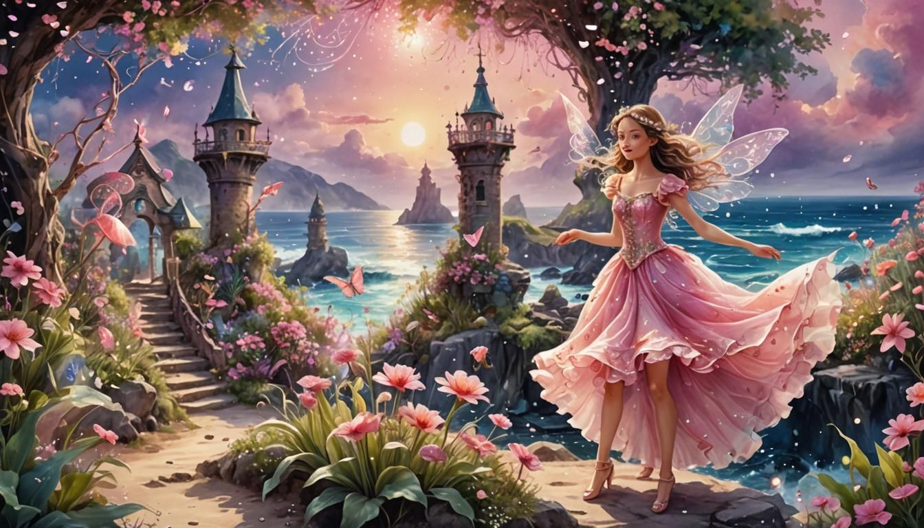 Enchanted Fairy Dances in Summer Seaside Watercolor