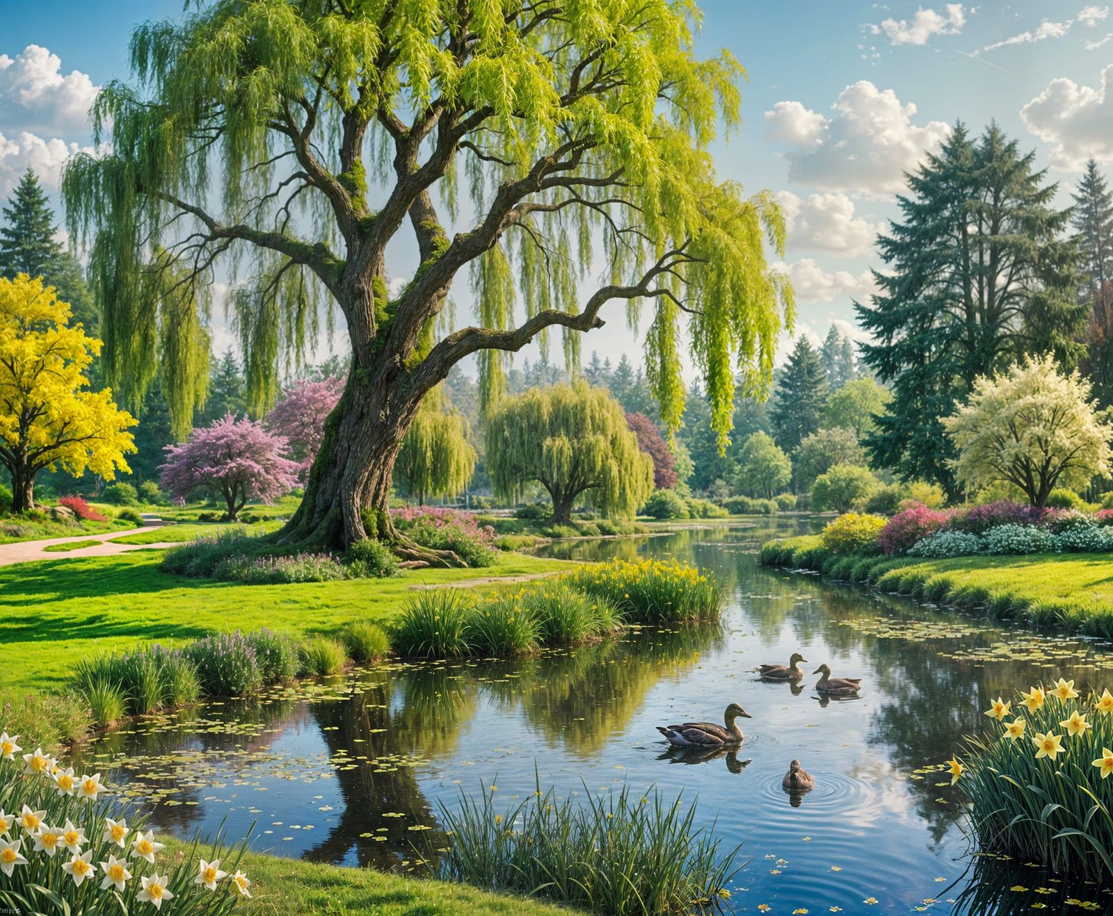 Ethereal Willow Tree by Misty Pond with Daffodils and Ducks