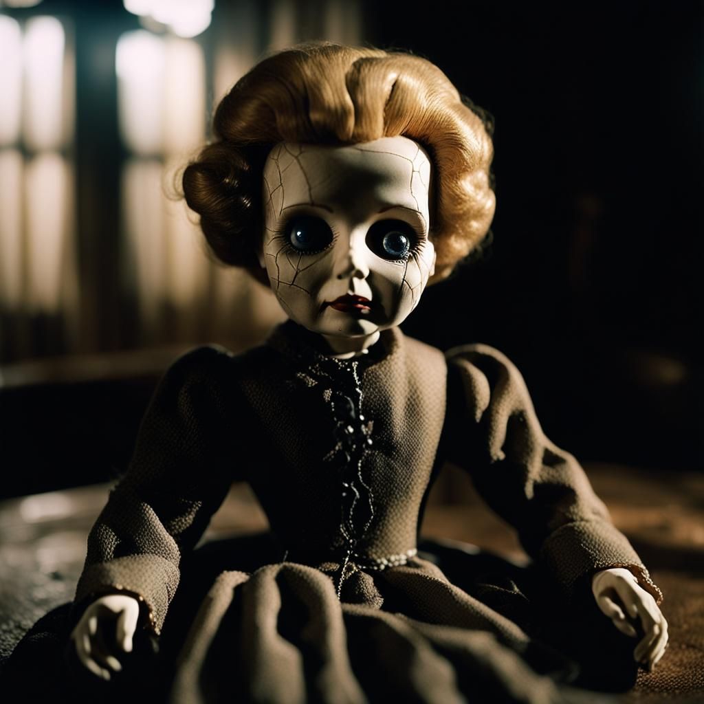Eerie Porcelain Doll in Dimly Lit Room