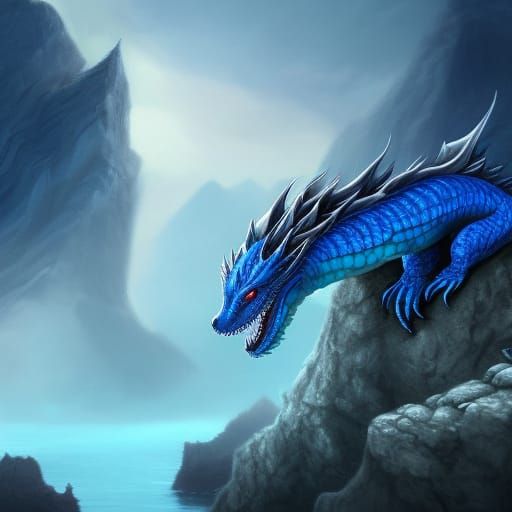 Adorable Blue Baby Dragon on Rocky Cliffs