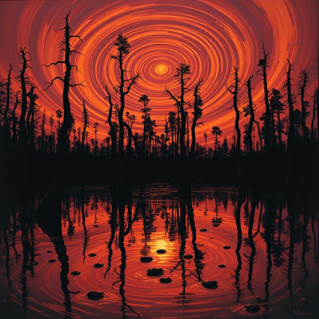 Cypress knees claw at a bruised twilight sky, their skeletal forms silhouetted against a canvas of bruised purple and mu...