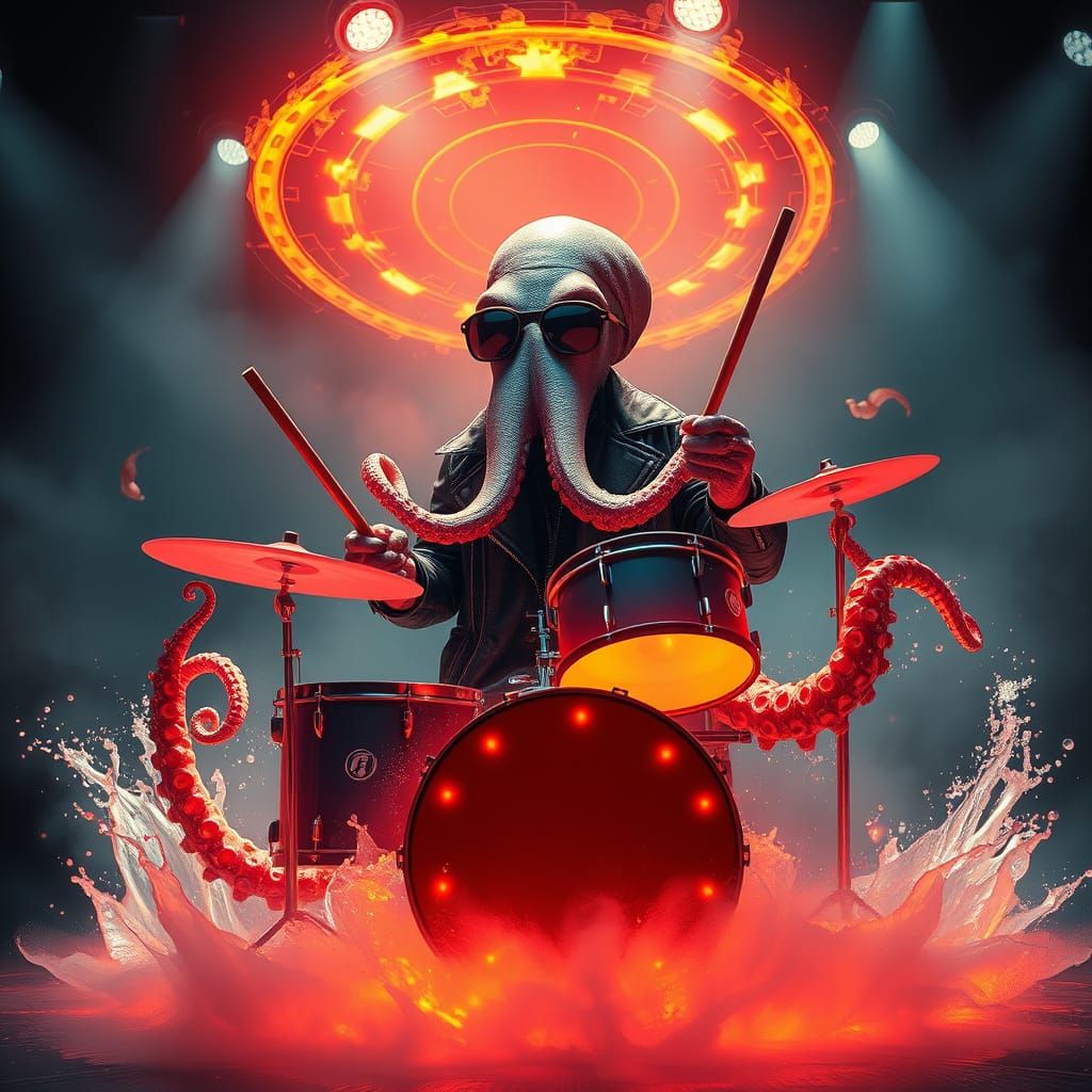 Rockstar Octopus in Neon-Lit Cyberpunk Stage