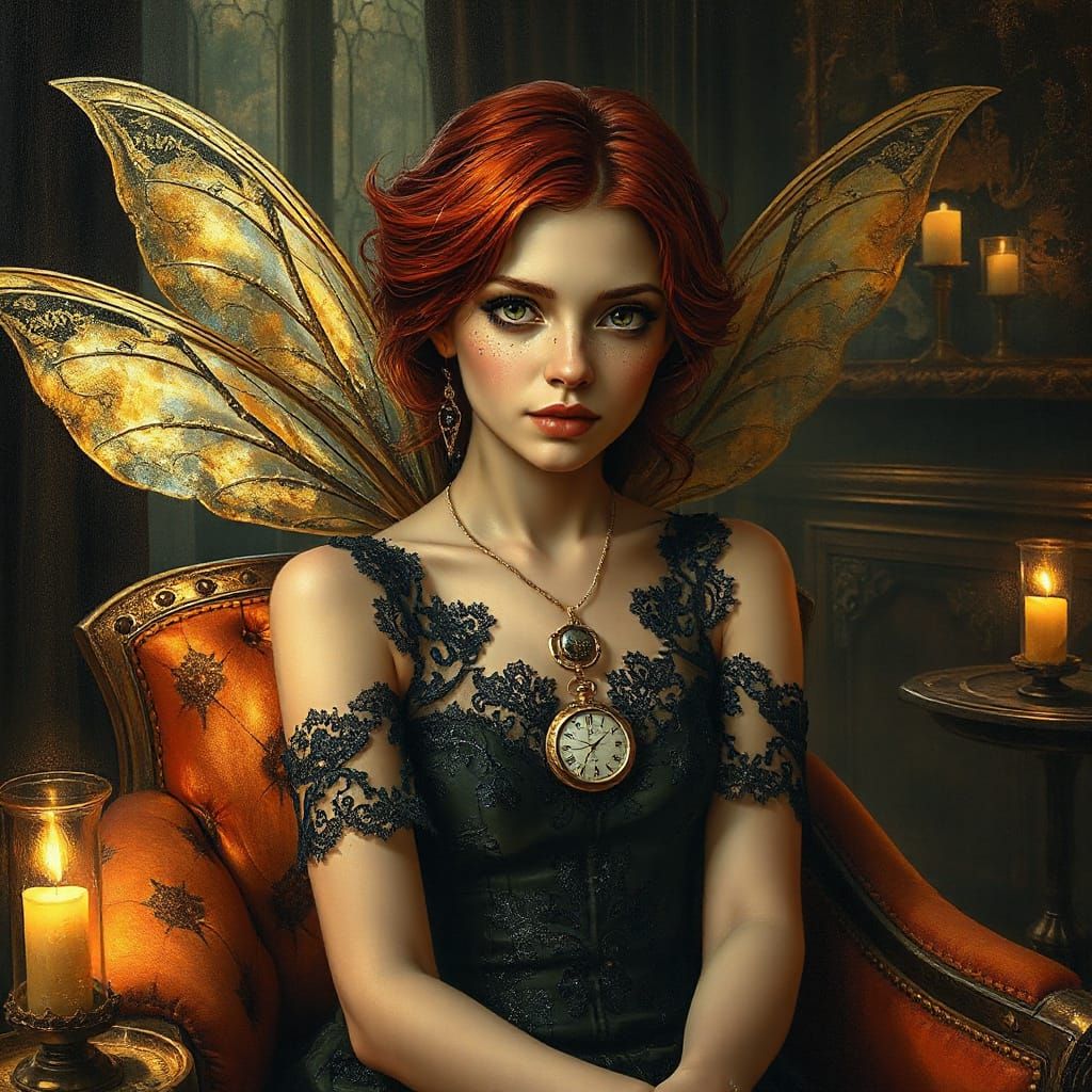 Steampunk Fairy in Velvet Armchair, Medieval Castle