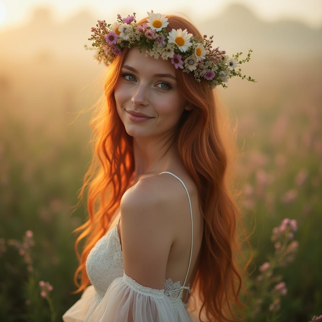 Serene Woman with Flower Crown in Misty Meadow