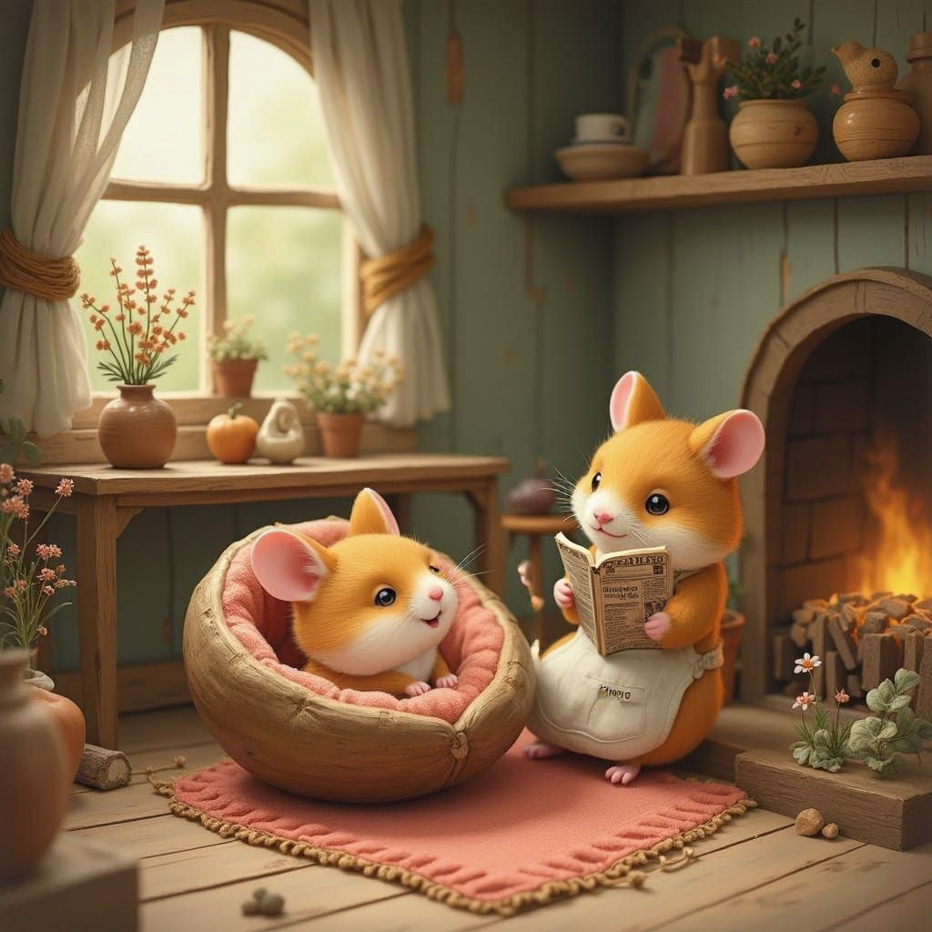 Cozy Hamster Family Scene in Cottage