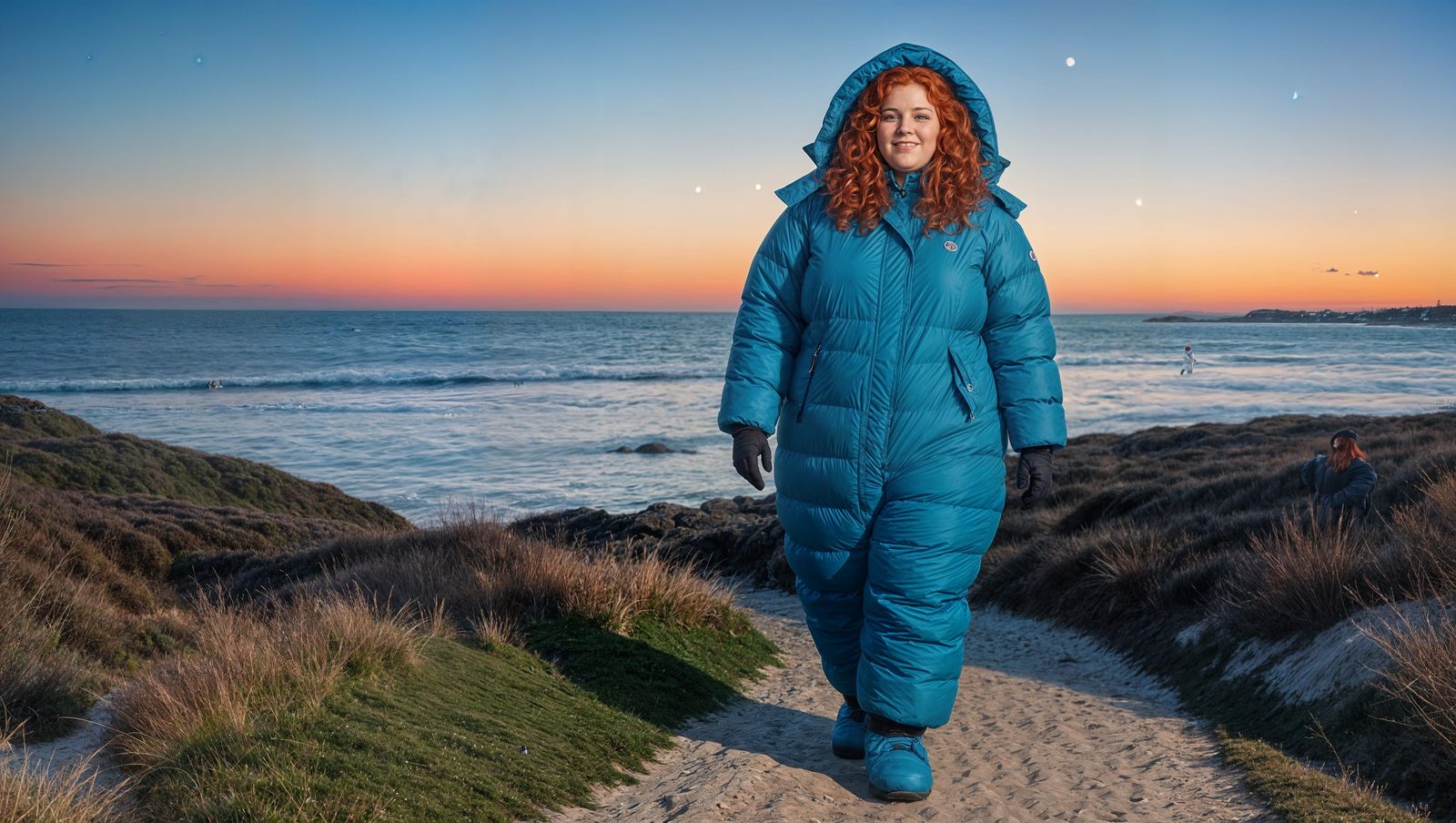 Woman in Blue Snowsuit on Coastal Path