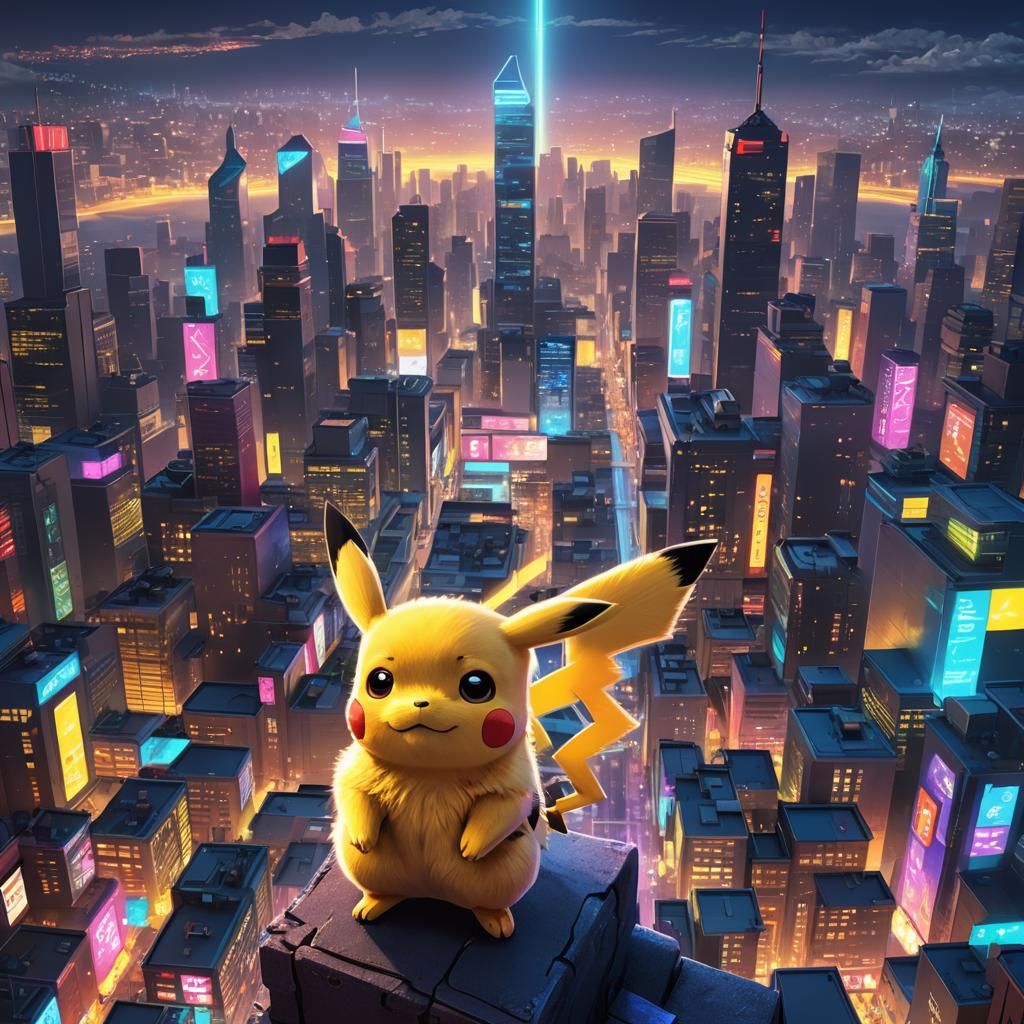 Heroic Pikachu in Neon Cityscape: Pixar-inspired 3D Art