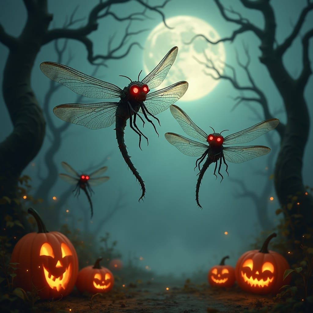 Ghost Dragonflies with Vampire Fangs in Spooky Halloween Sce...