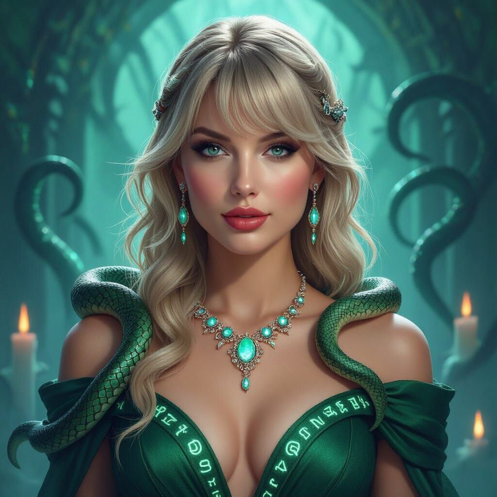 Ethereal Woman with Snake Necklace in Eldritch Temple