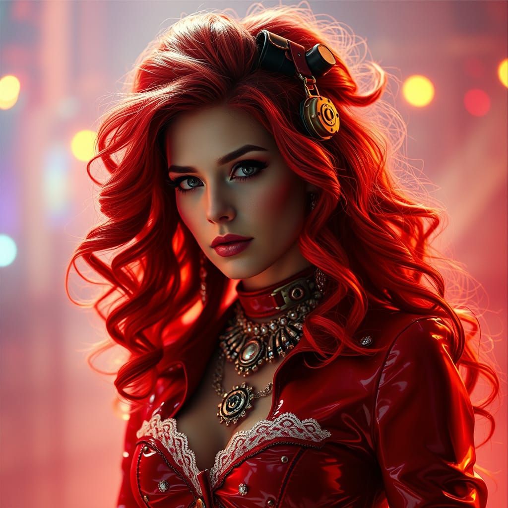 Steampunk Woman in Red Latex Attire