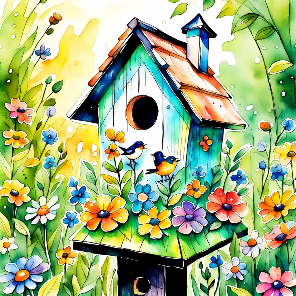 Whimsical Birdhouse in Watercolor with Pen Contours