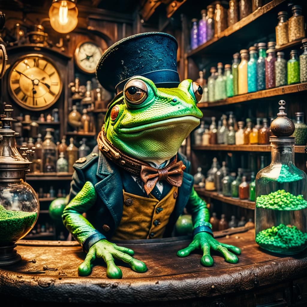 Steampunk Frog in a Colorful Potion Shop