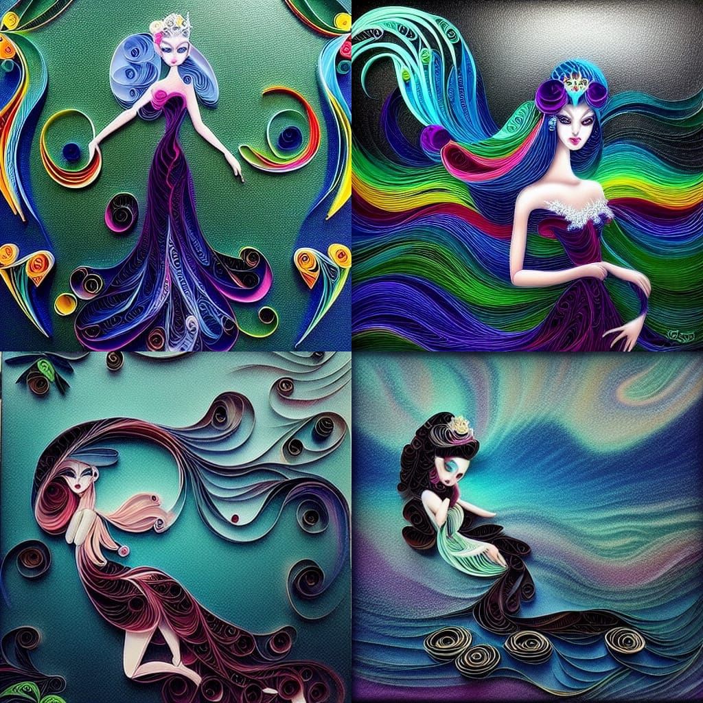 Princess with Flowing Hair in Quilling Style