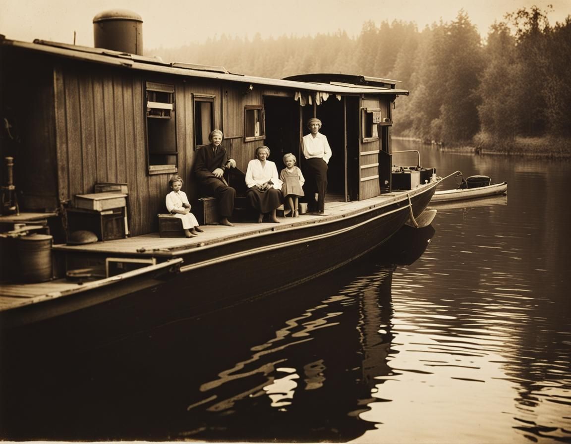Moored Houseboat Family in Gritty 1920s Lith Print