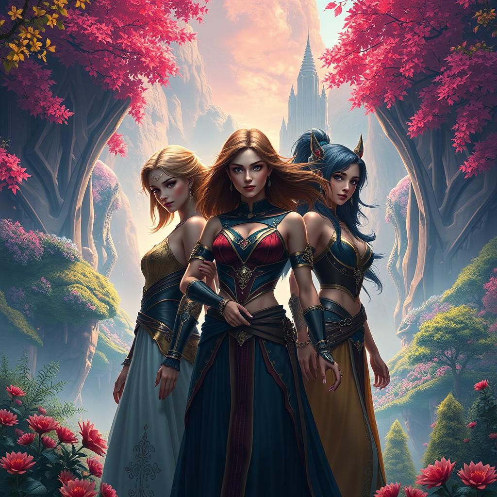 Heroic Women in Lush Fantasy Landscape