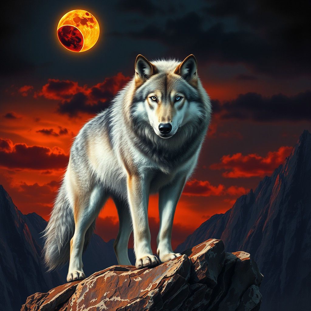 Wolf During Solar Eclipse in Wildlife Art Style