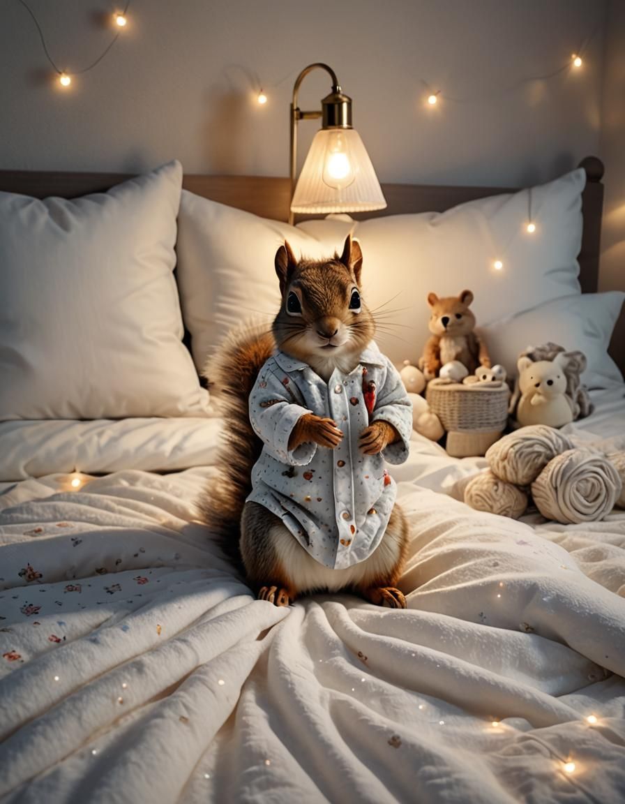 Baby Squirrel in Bed: 3D Rendered Bedroom Scene
