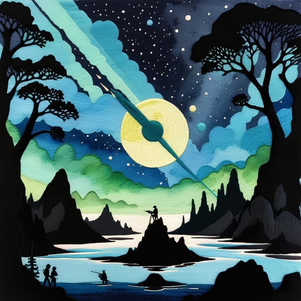 Whimsical Asteroid Formation in Watercolor Embroidery Style