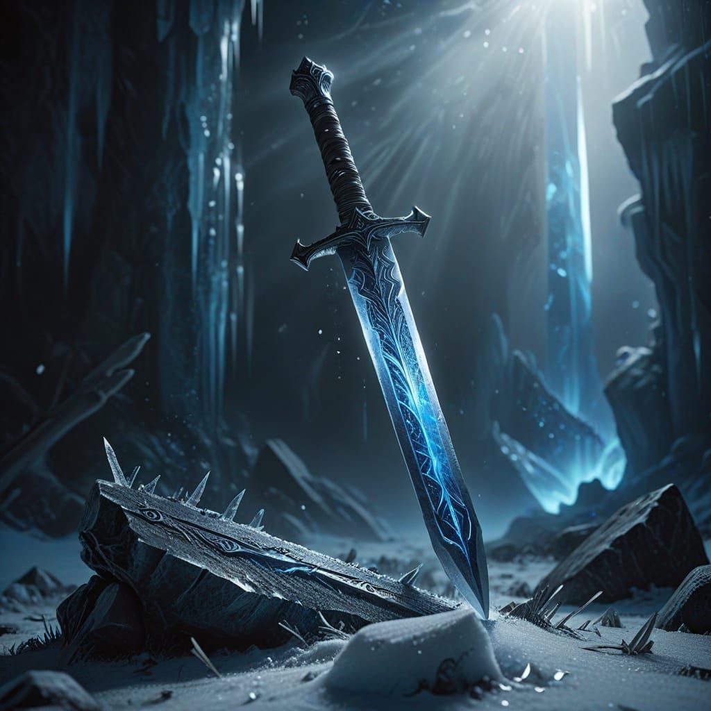 Epic Ice Sword Glows with Inner Light in a Snowy Landscape