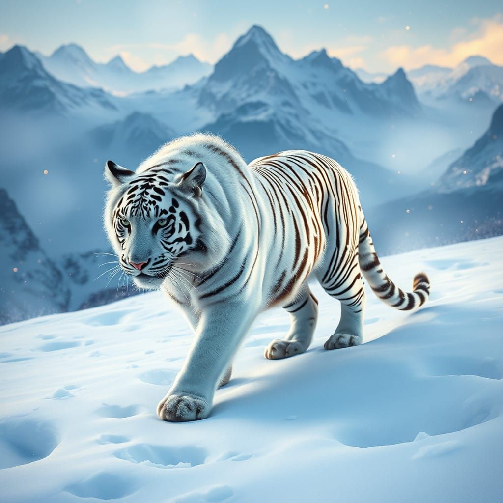Majestic White Tiger Roams Luminous Misty Mountains
