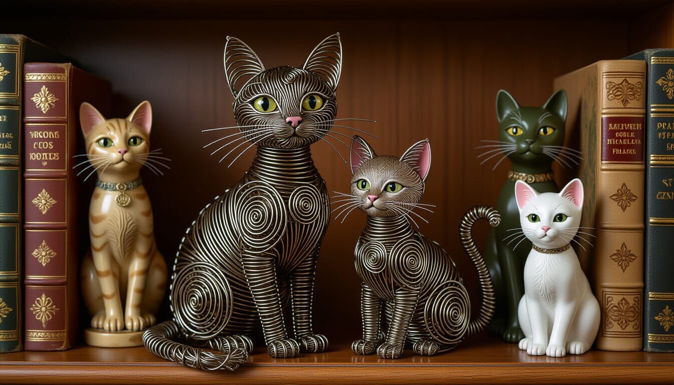 Wire Cat and Kitten Sculpture on Bookshelf, Photorealistic